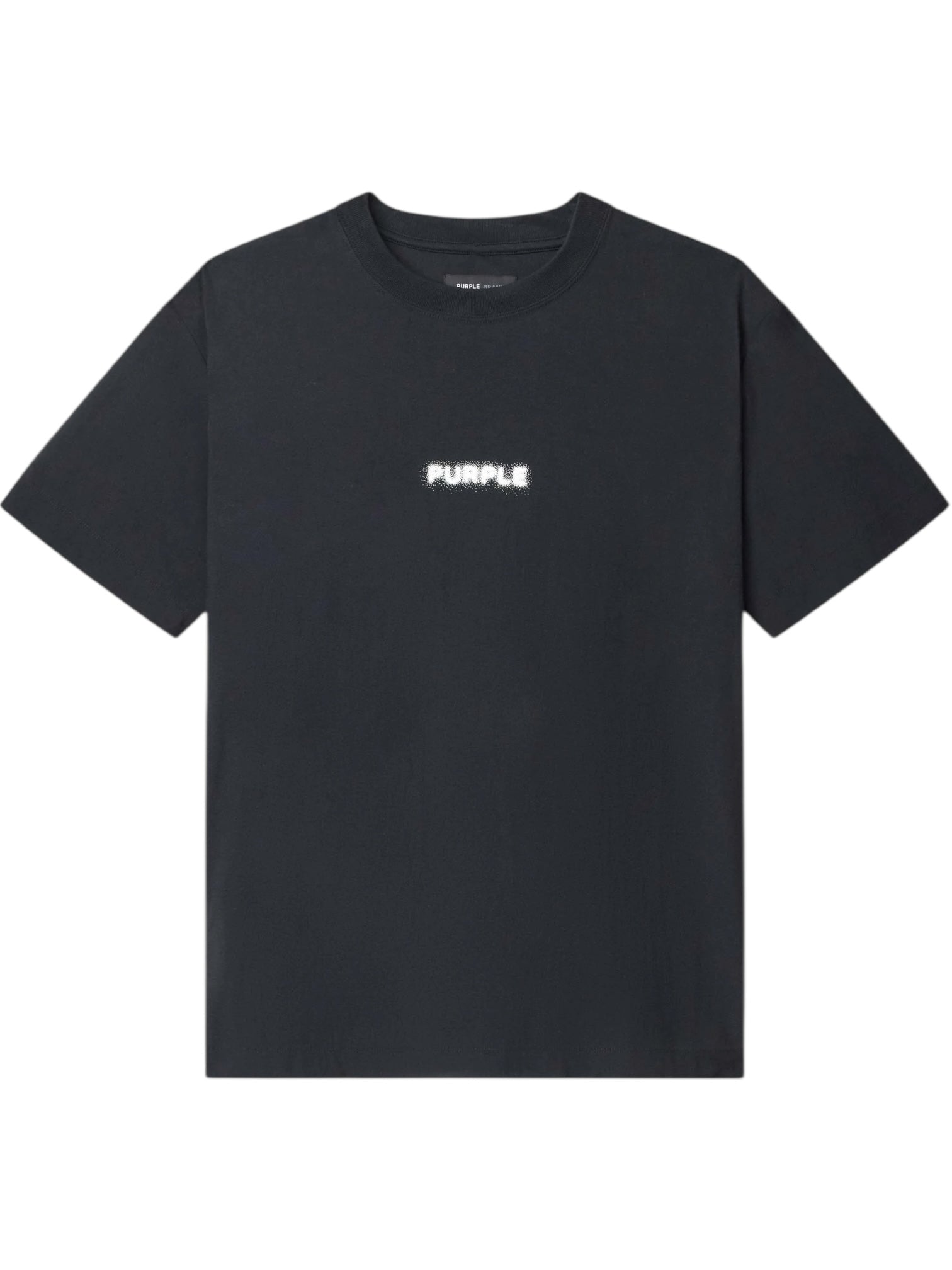 The Purple Brand P104-TBPW Textured Jersey SS tee in black is a 100% cotton crewneck featuring "PURPLE" in bold white letters across the chest, showcasing PURPLE BRAND’s signature style.