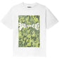 The PURPLE BRAND P104-TWGC325 Textured Jersey SS Tee in white is a 100% cotton crewneck featuring a large rectangular green and yellow abstract graphic with bold, stylized white text across the center.