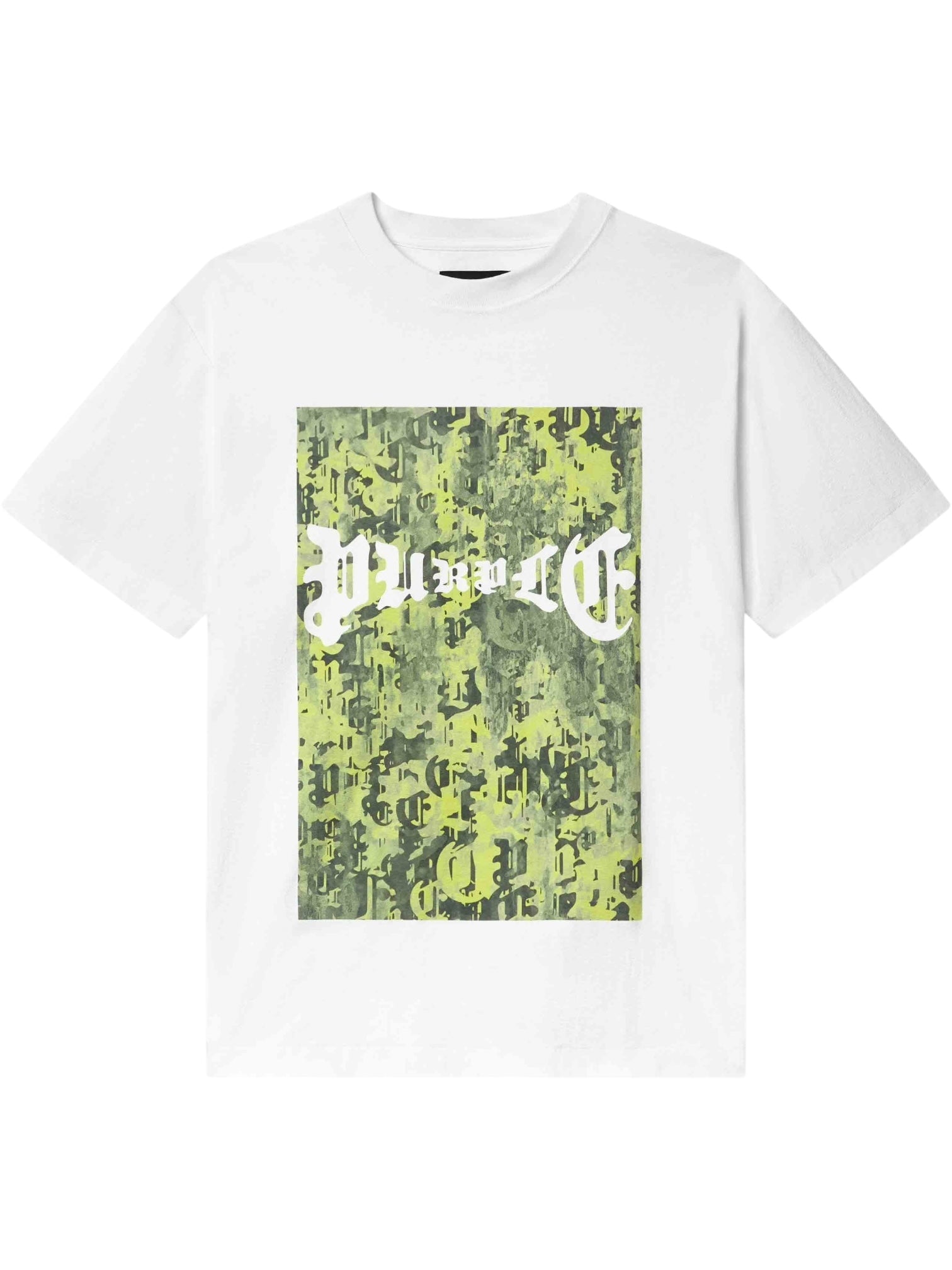 The PURPLE BRAND P104-TWGC325 Textured Jersey SS Tee in white is a 100% cotton crewneck featuring a large rectangular green and yellow abstract graphic with bold, stylized white text across the center.