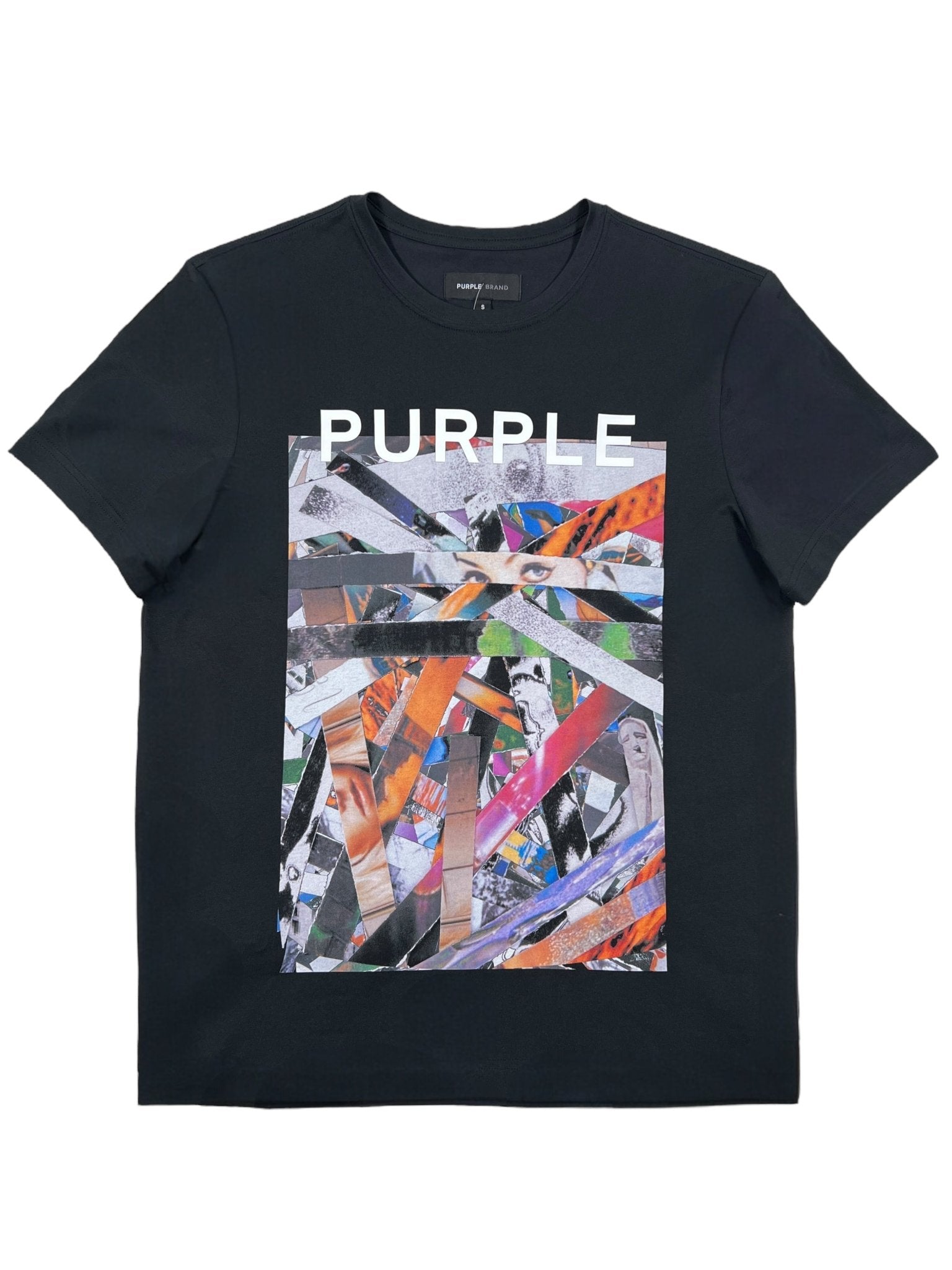 The PURPLE BRAND P109-CBSC black graphic T-shirt in 100% cotton features an abstract design with "PURPLE," making it a standout piece for any wardrobe.