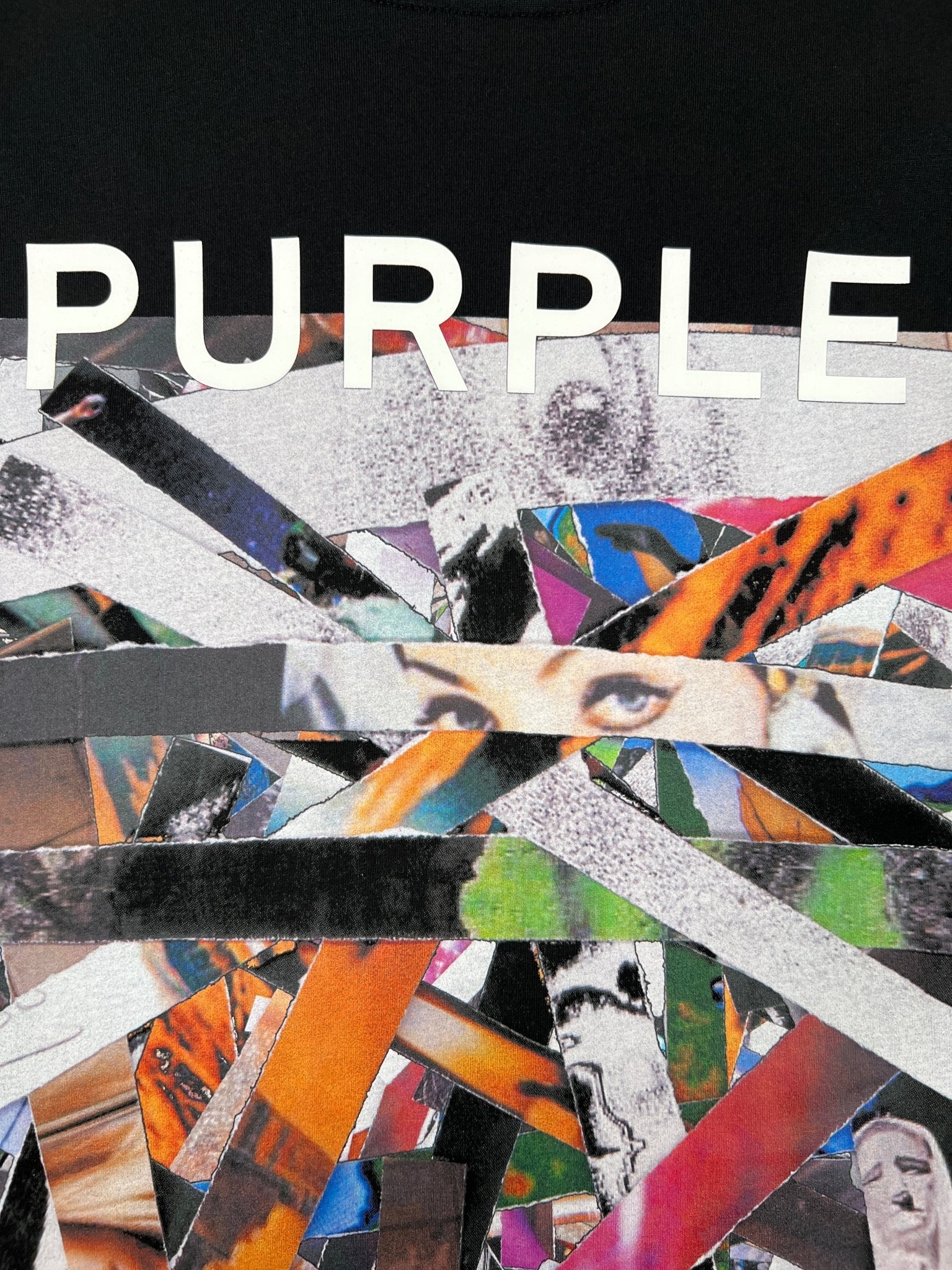 The Purple Brand P109-CBSC Clean Jersey ss Tee Blk features a collage of colorful torn paper strips with an eye and the word "PURPLE" printed on a dark black background, ideal for graphic t-shirt lovers.