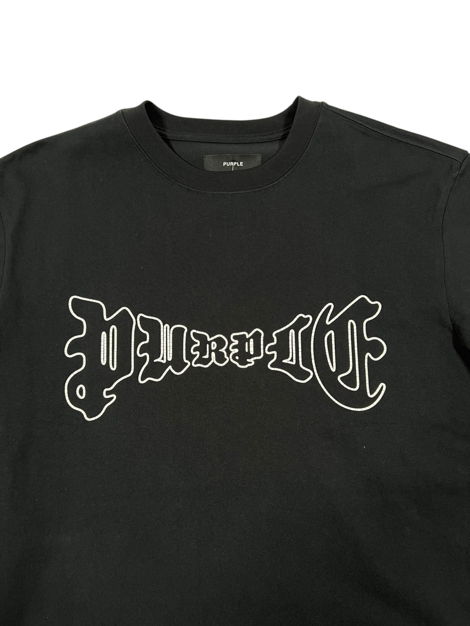 The Purple Brand P117-HBGO HWT Jersey SS Tee Black features bold, ornate “PURPLE” lettering across the chest and is crafted from 100% cotton for all-day comfort.