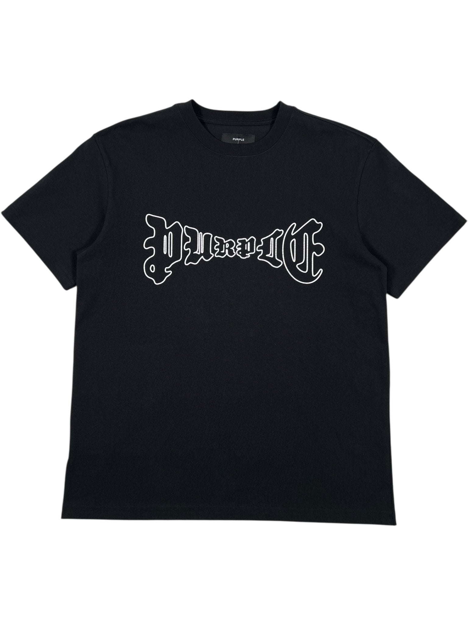 The PURPLE BRAND P117-HBGO HWT Jersey SS Tee Black is a 100% cotton black t-shirt featuring bold white gothic-style text across the chest.