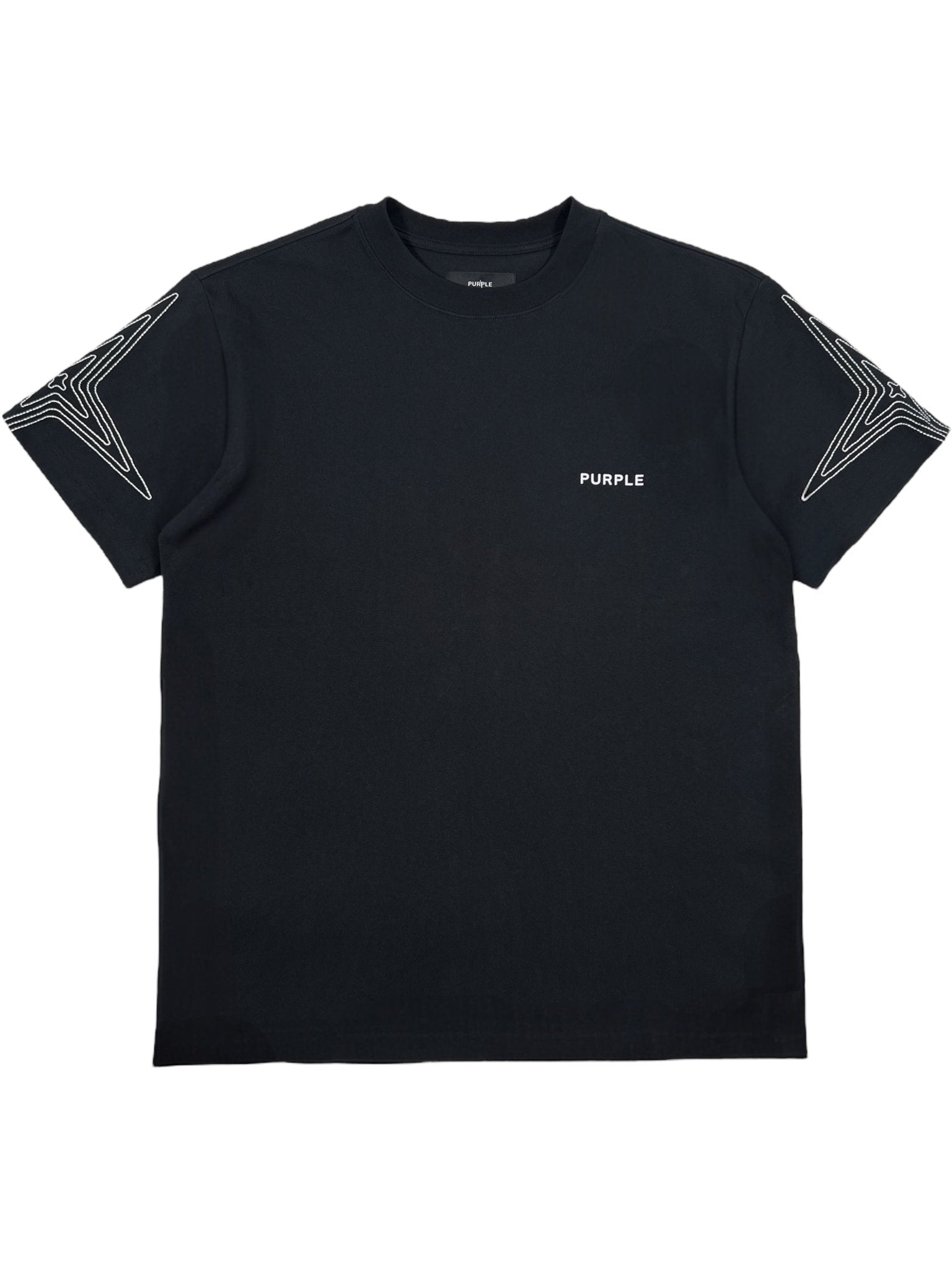 The Purple Brand P117-HBJS325 HWT Jersey SS Tee Black features "PURPLE" text on the left chest and white outlined star designs on both sleeves.