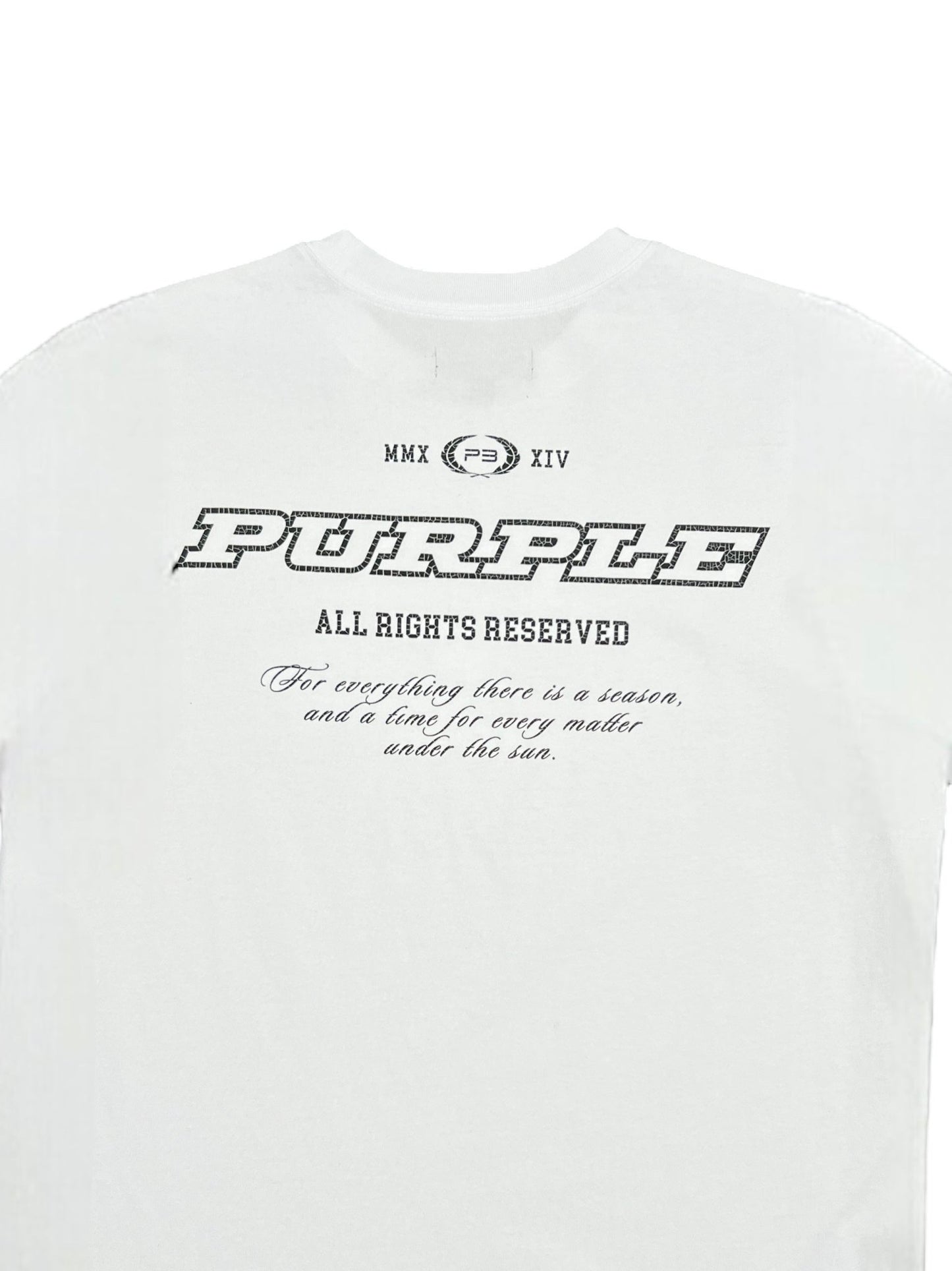 The PURPLE BRAND P117-HBWS HWT Jersey SS Tee in white is made from 100% cotton and features the word "PURPLE" and "ALL RIGHTS RESERVED" printed in black. It also includes the phrase, “For everything there is a season, and a time for every matter under the sun.” This stylish piece is part of the PURPLE BRAND collection.