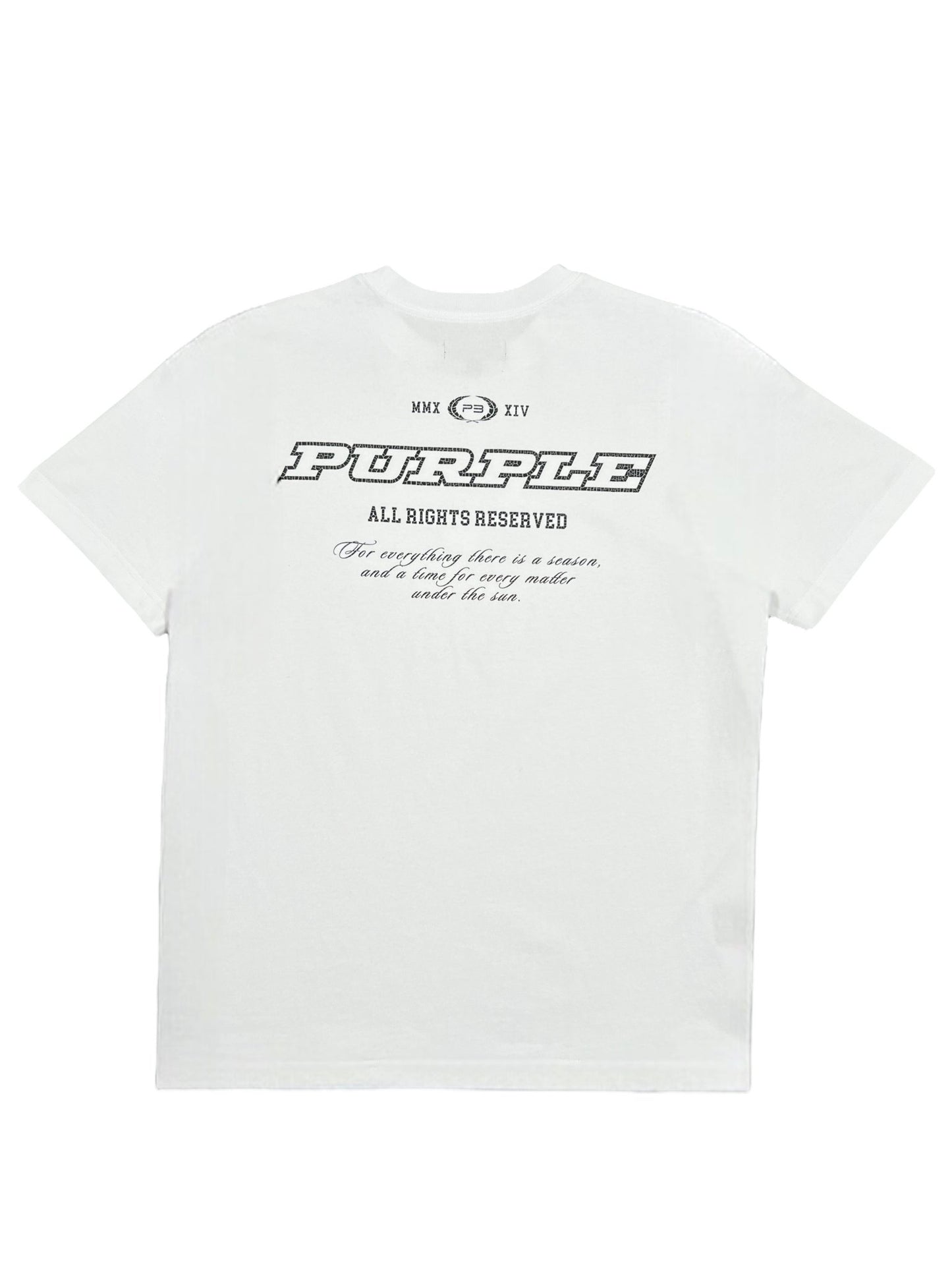 The PURPLE BRAND P117-HBWS HWT Jersey Short-Sleeve Tee in white features the word "PURPLE" in large letters, followed by "ALL RIGHTS RESERVED" and a stylized design beneath. Above this main text, "MMXIV" is prominently displayed. Crafted from 100% cotton, this standout piece is part of the PURPLE BRAND collection.