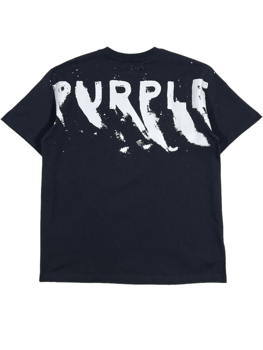 Black cotton t-shirt with white splattered text spelling "PURPLE BRAND P117-HJBB HEAVY JERSEY SS TEE BLACK.