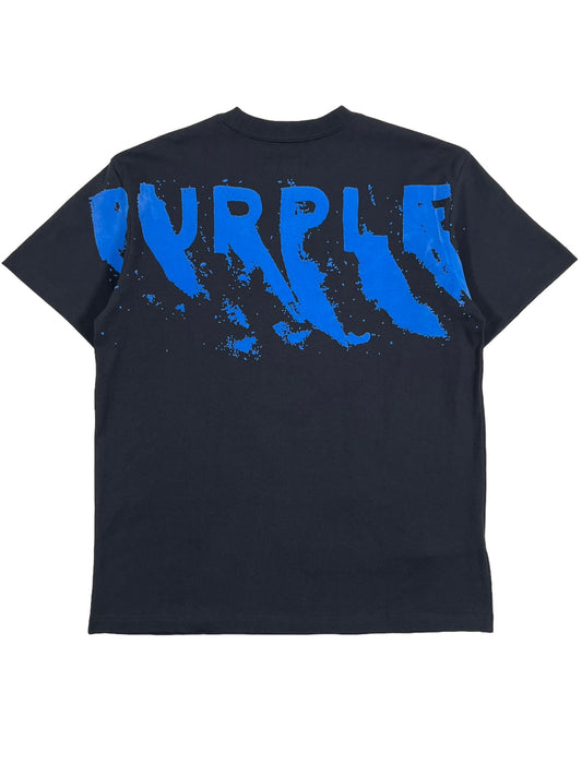 Purple Brand P117-HJBW823 HWT Jersey Tee Black with the word "purple" printed in blue splattered paint font on the back.