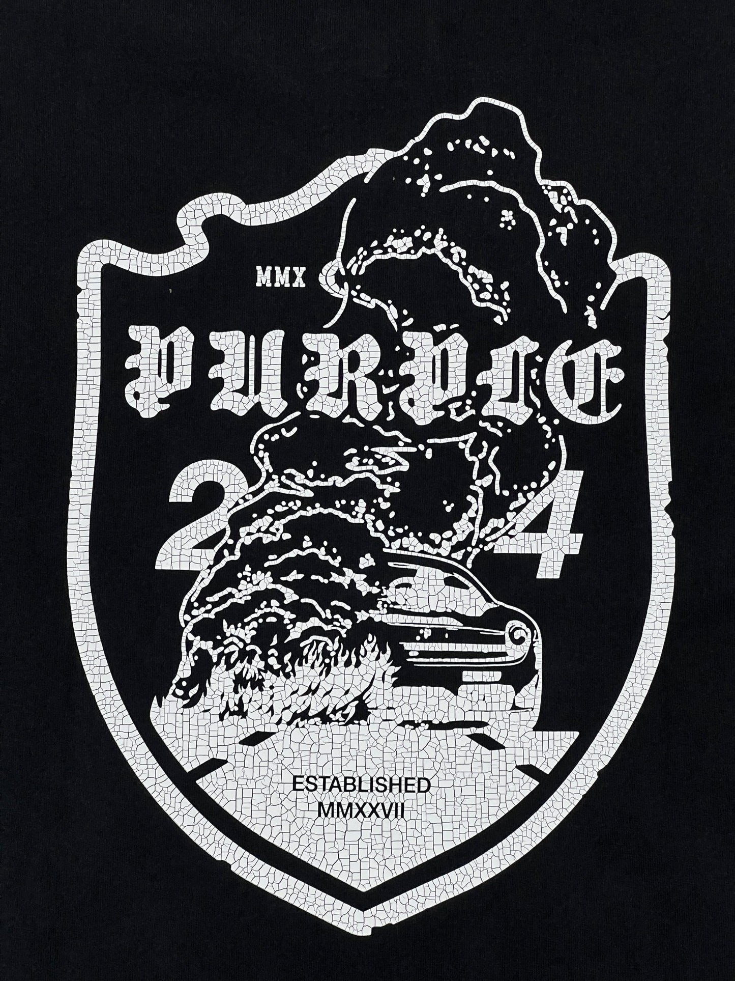 A tie-dyed effect surrounds a white, cracked shield emblem on the PURPLE BRAND P117-HWBB HWT Jersey SS Tee in Black. The graphic T-shirt features "Purple" and "24" in bold text, along with "Established MMXXVIII" at the bottom. The shield showcases an illustration of a smoking car front, and the tee is made from 100% cotton for ultimate comfort.