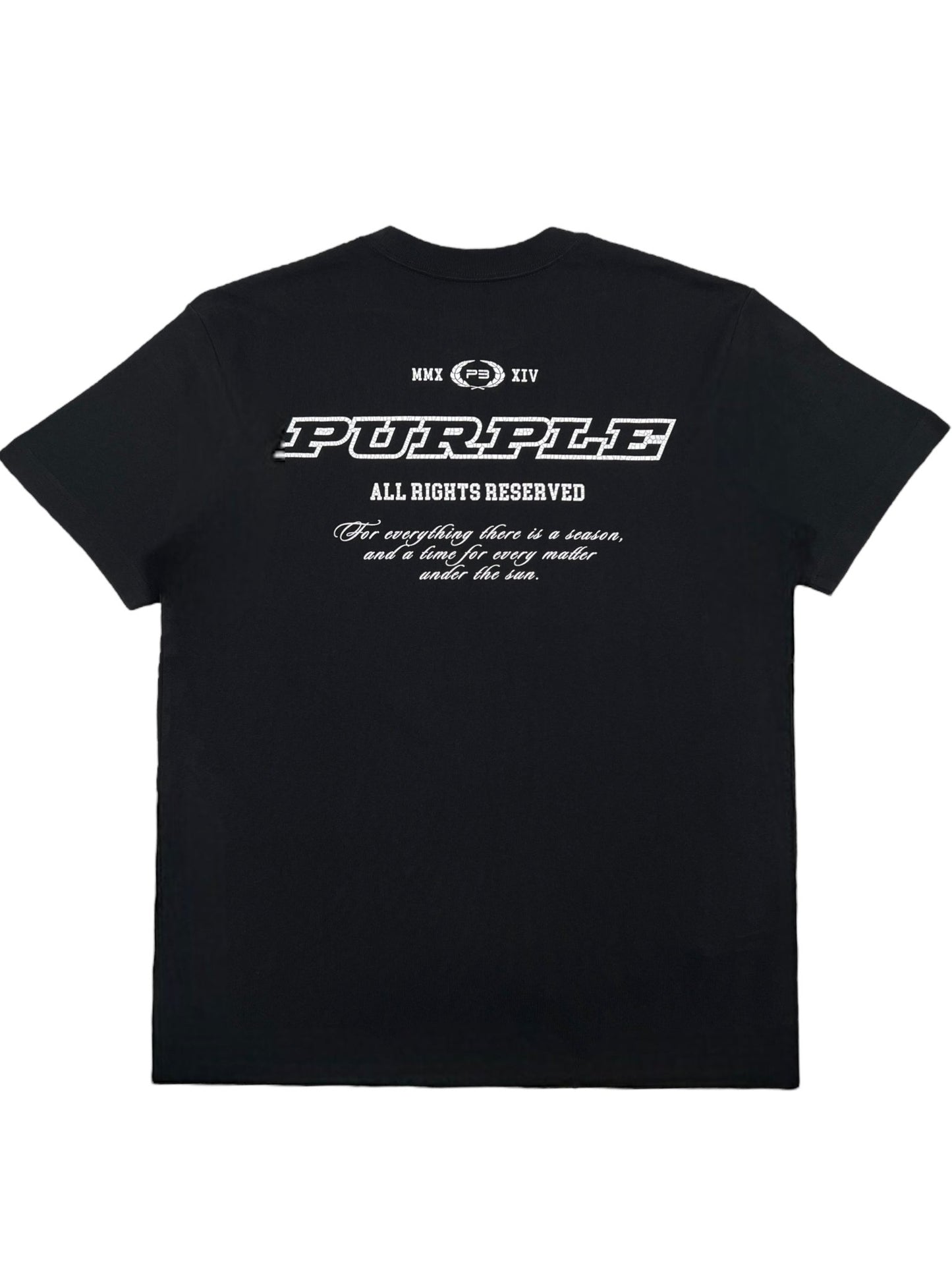 Back view of the PURPLE BRAND P117-HWBS HWT JERSEY SS TEE BLACK featuring white text that reads "PURPLE, ALL RIGHTS RESERVED" along with additional small print text beneath, showcasing the signature style of PURPLE BRAND.