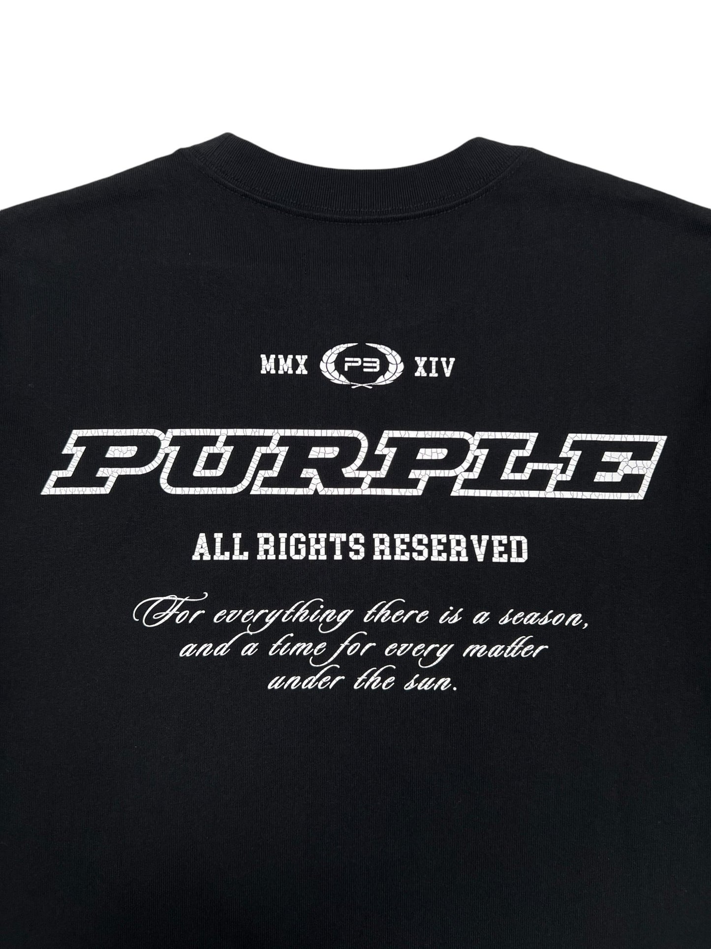 The PURPLE BRAND P117-HWBS HWT JERSEY SS TEE BLACK is a black graphic long sleeve t-shirt that features the texts "PURPLE ALL RIGHTS RESERVED" and "For everything there is a season, and a time for every matter under the sun" in white font. Made from 100% cotton, this tee ensures ultimate comfort.