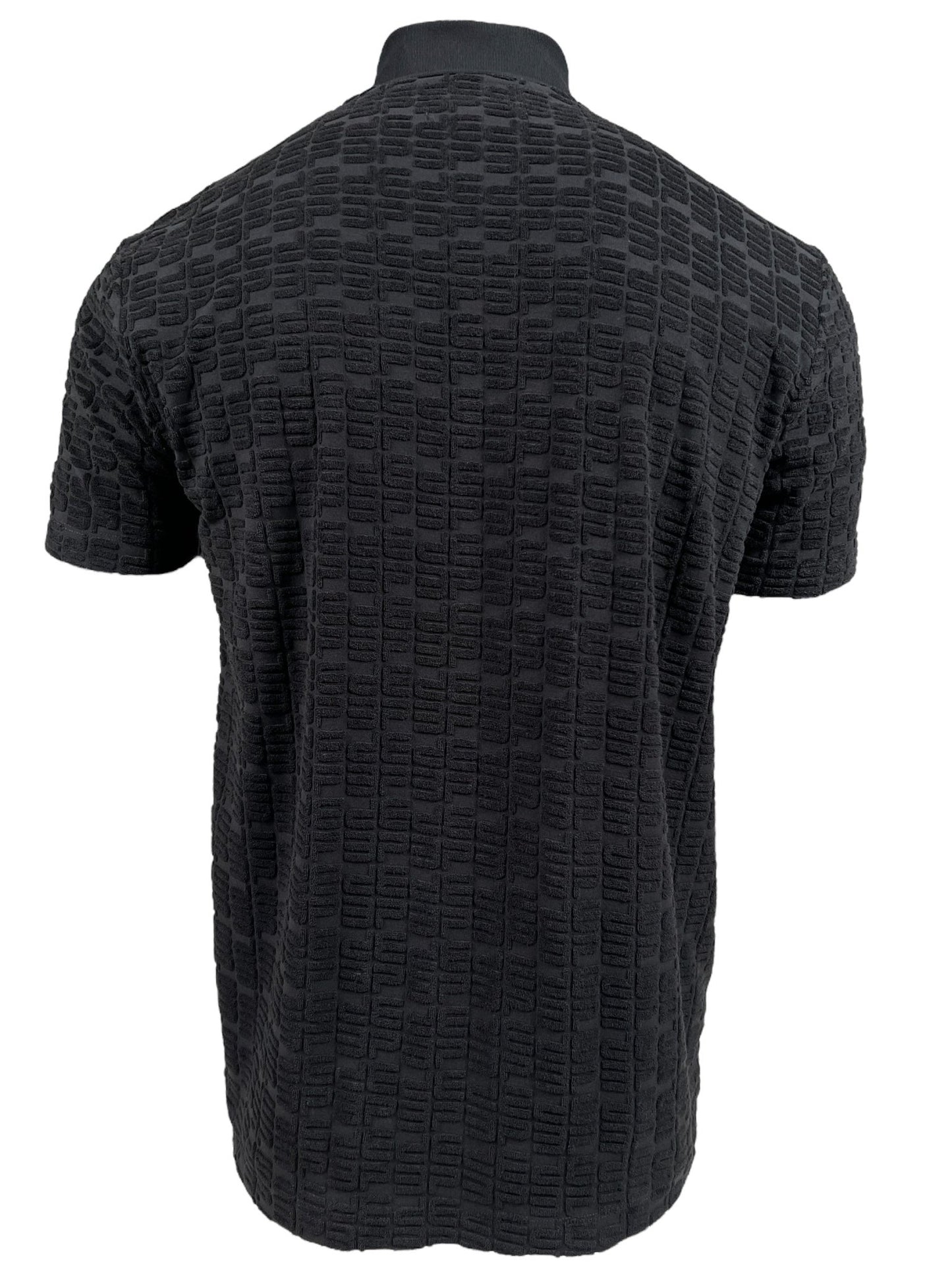 A black textured short-sleeve shirt, reminiscent of the PURPLE BRAND P138-JTBB TERRY TOWEL POLO BLACK, is shown from the back, displaying a grid-like pattern in black towel-terry fabric.