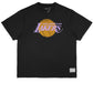 The Purple Brand P142-MNLA824 LA Lakers Mesh Tee Black by PURPLE BRAND showcases the iconic Los Angeles Lakers logo in purple and gold with a basketball graphic—essential for any NBA fan.