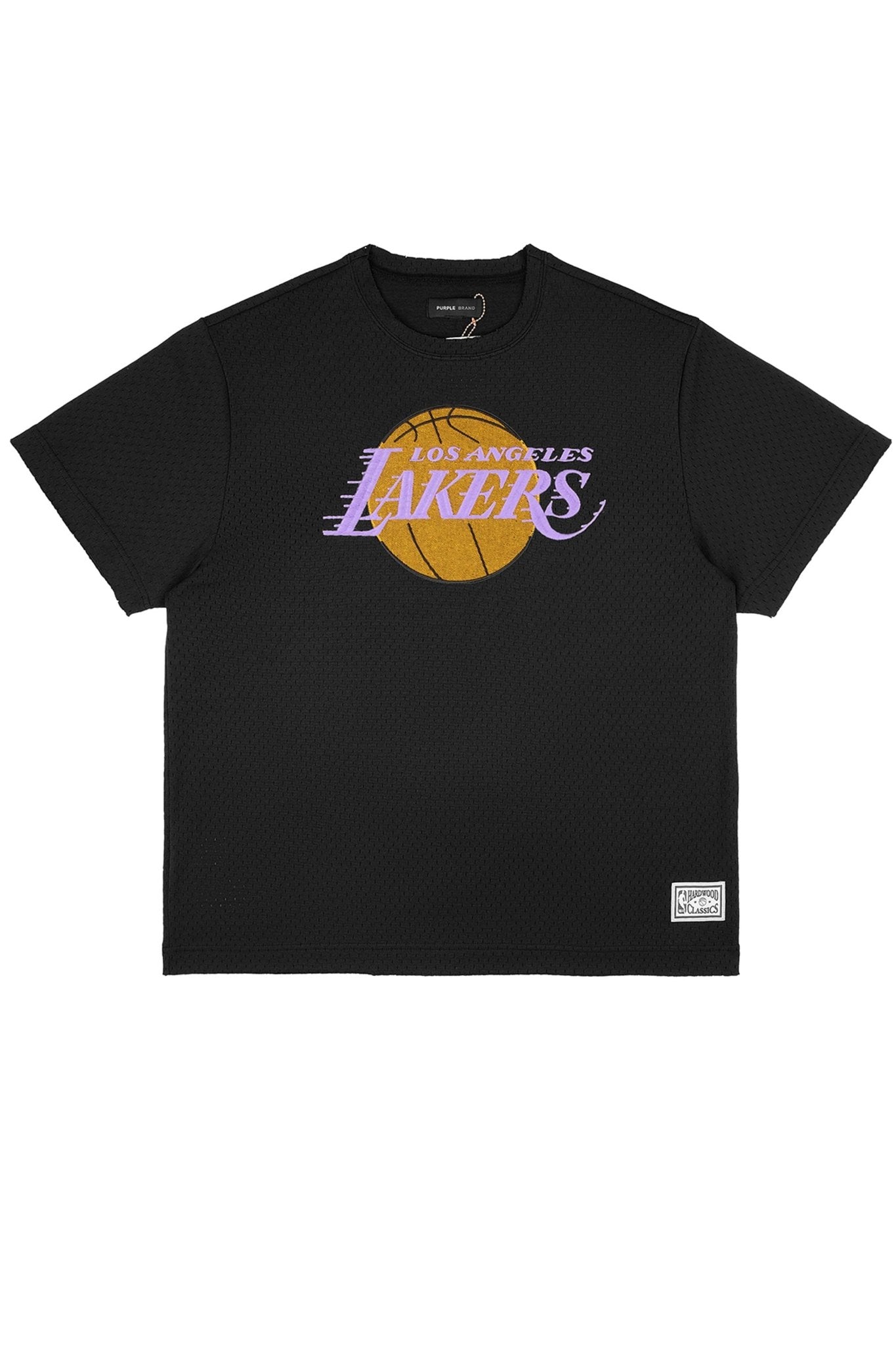 The Purple Brand P142-MNLA824 LA Lakers Mesh Tee Black by PURPLE BRAND showcases the iconic Los Angeles Lakers logo in purple and gold with a basketball graphic—essential for any NBA fan.