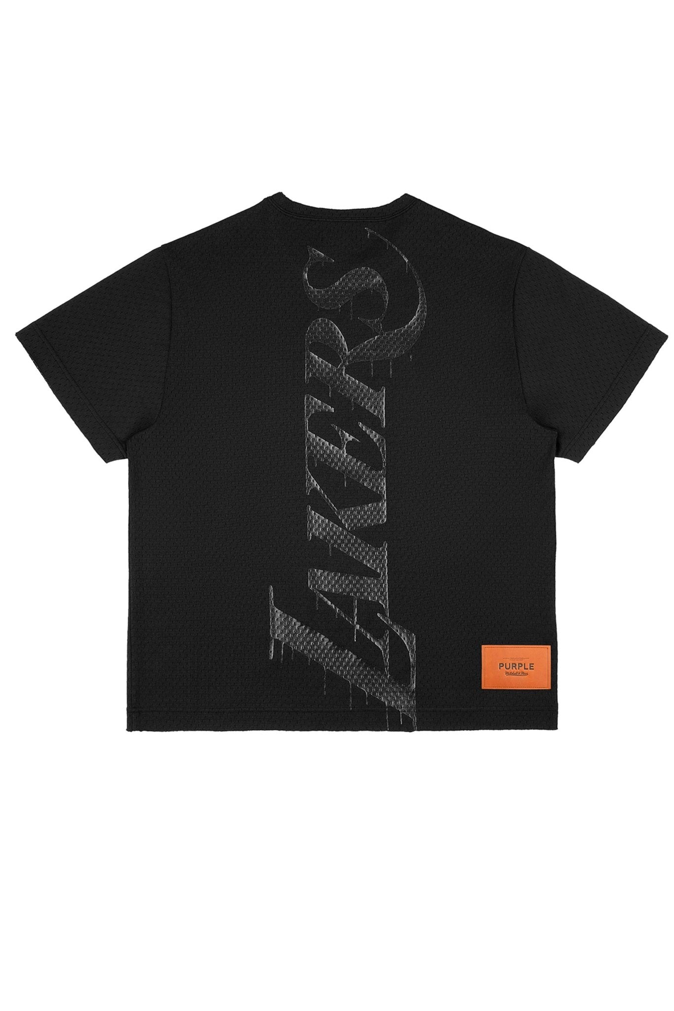 The Purple Brand P142-MNLA824 LA Lakers Mesh Tee in black features "LAKERS" in a vertical, stylized font and an orange "PURPLE" label at the bottom. Ideal for NBA enthusiasts.