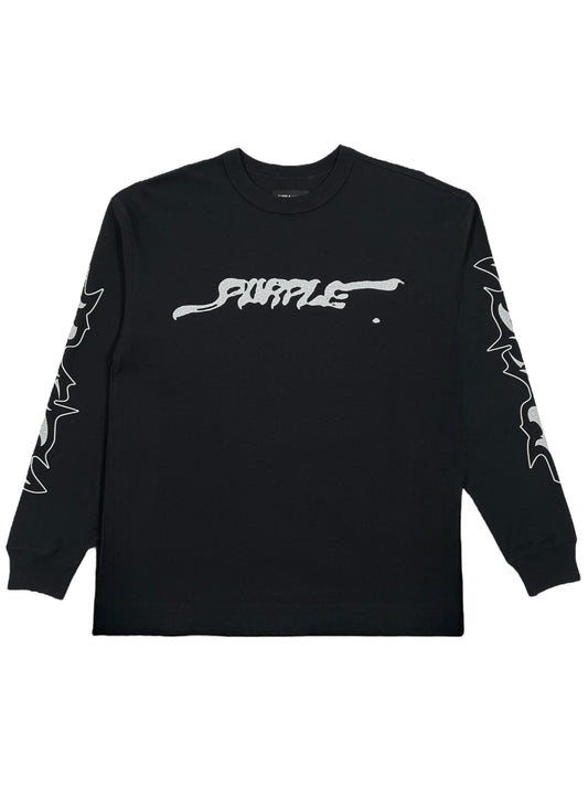 The PURPLE BRAND P204-JWBT Textured Jersey Long-Sleeve Tee in black features a stylish white graphic design on the sleeves and a distinctive white "Supreme" logo on the front.