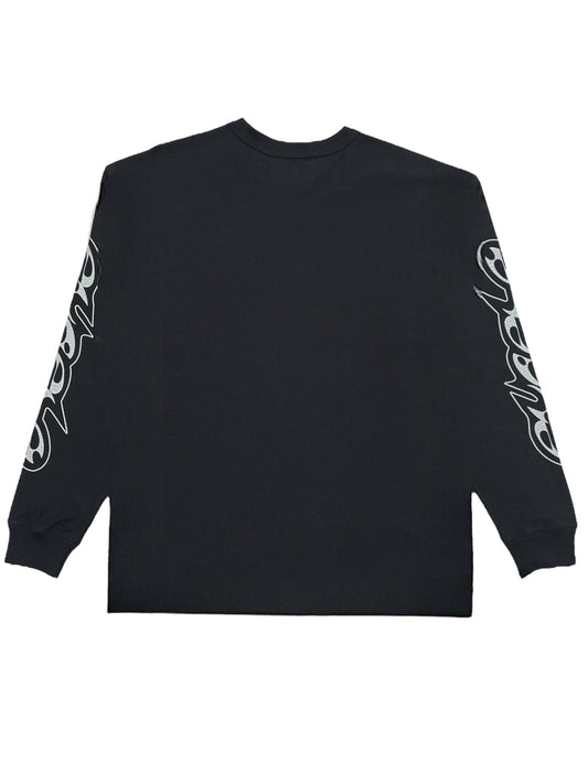 PURPLE BRAND P204-JWBT Textured Jersey Long-Sleeve Tee in Black with white graphic text on the sleeves.