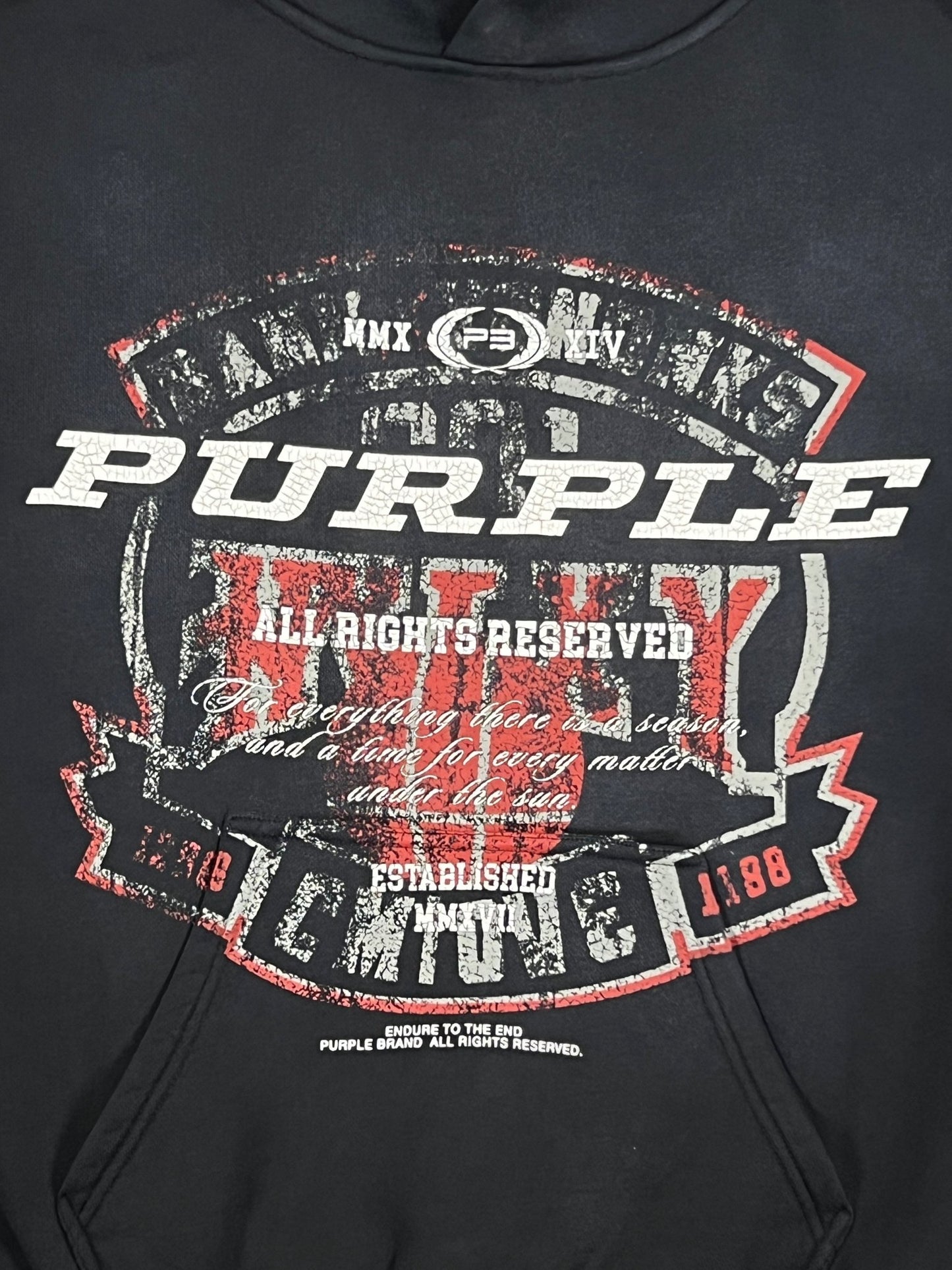 The PURPLE BRAND P401-HBBS HWT FLEECE PO HOODY in black is a heavyweight cotton fleece hoodie that features a vintage-vibe logo with "PURPLE" in large letters, various other smaller texts, decorative elements, and a convenient kangaroo pocket.