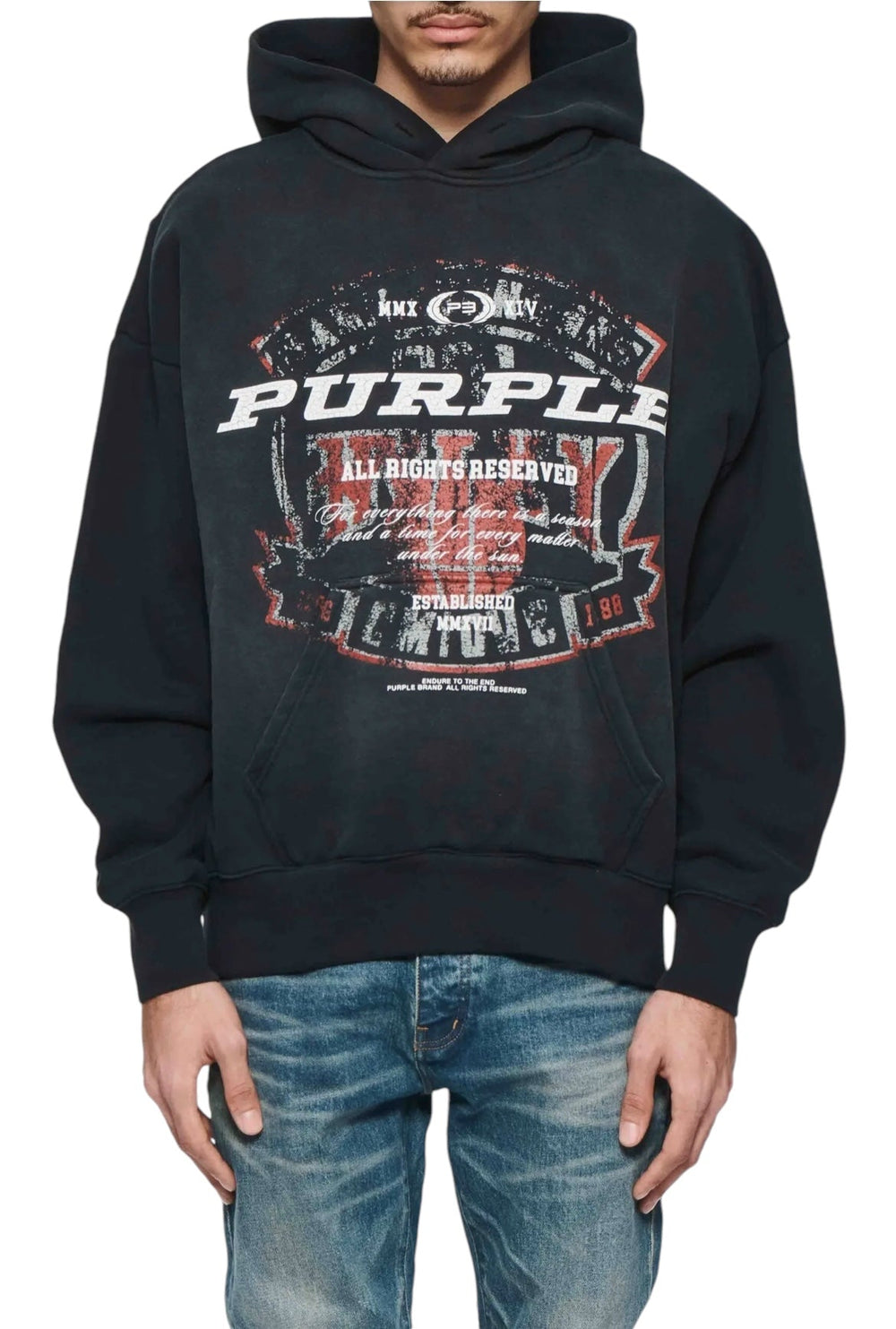 A person wearing the PURPLE BRAND P401-HBBS HWT FLEECE PO HOODY BLACK, which features a vintage-vibe logo and various text printed on the front along with a kangaroo pocket, paired with blue jeans.