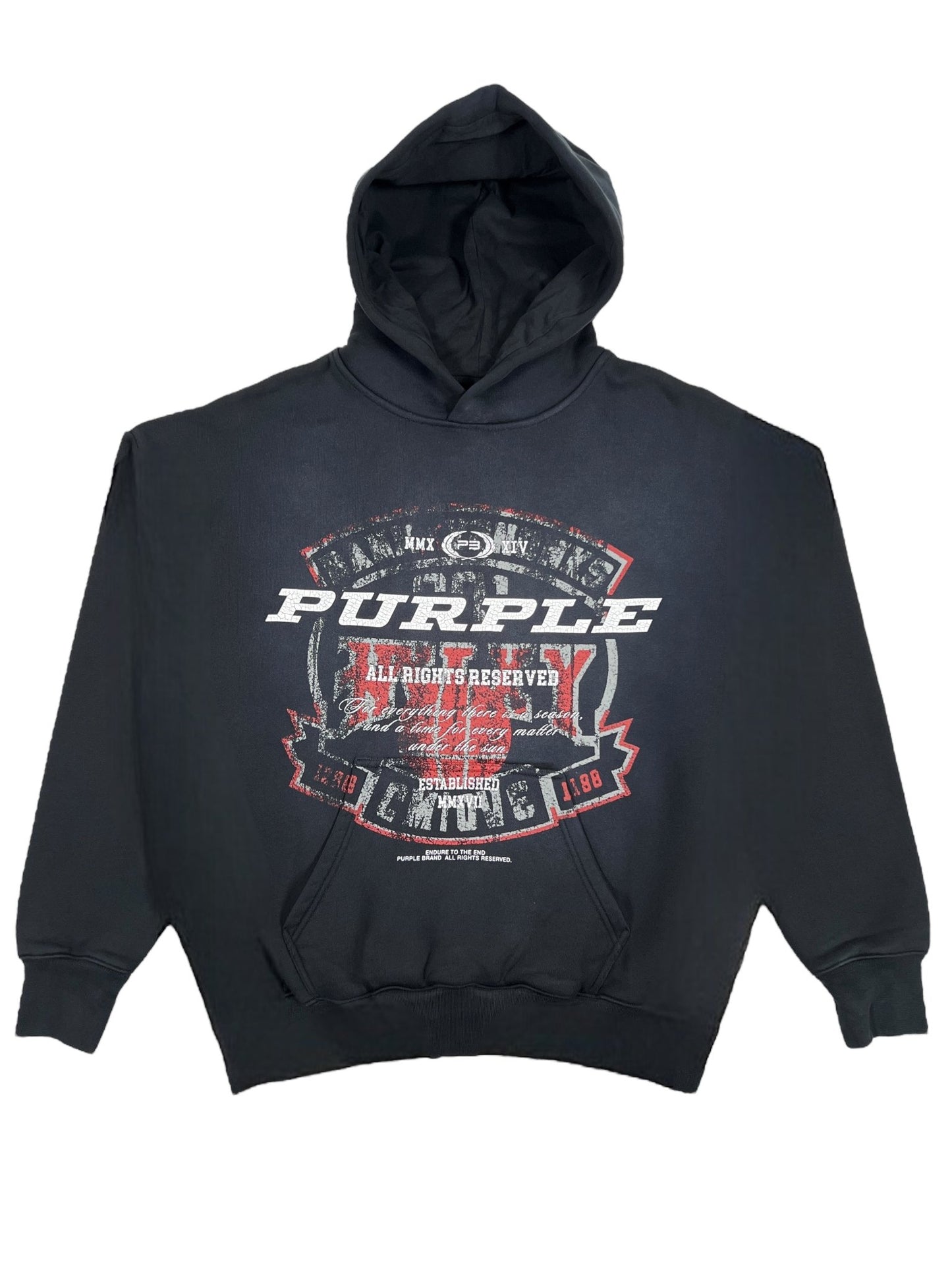 The PURPLE BRAND P401-HBBS HWT FLEECE PO HOODY in black features a "PURPLE" logo in white and red. This hooded sweatshirt is crafted from heavyweight cotton fleece and includes additional text and graphic elements. The vintage-vibe logo adds a nostalgic touch, while the convenient kangaroo pocket offers functionality.