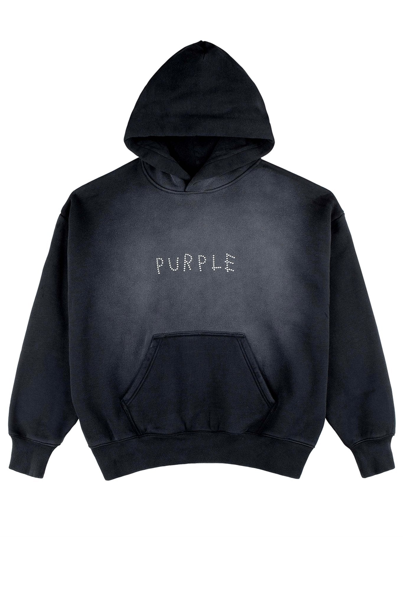 Introducing the Purple Brand P401-HBSS Heavyweight Fleece Hoodie in Black, offering a chic oversized fit. Made from heavyweight fleece, it features a comfortable hood and a handy front pocket with "PURPLE" beautifully embroidered on the front. Ideal for those who appreciate both comfort and style.