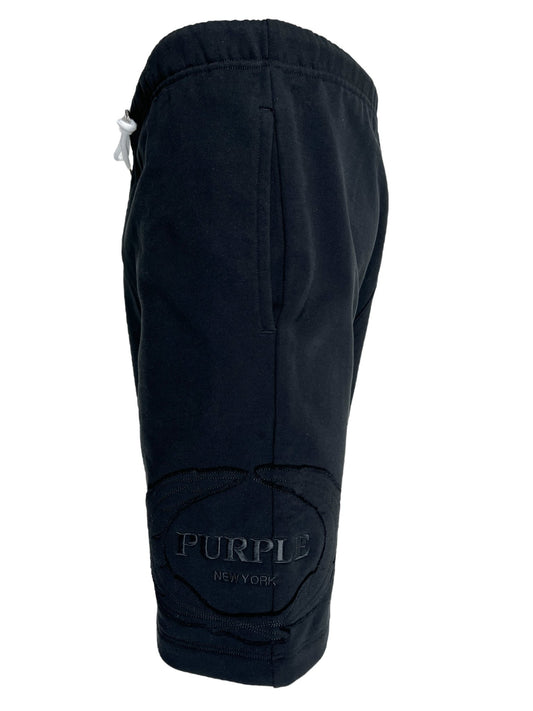 Navy blue protective knee pad with the "PURPLE BRAND P446-FCBB FRENCH TERRY SWEATSHORT BLK" and "new york" printed on the front, designed for sporting activities, isolated on a black background.