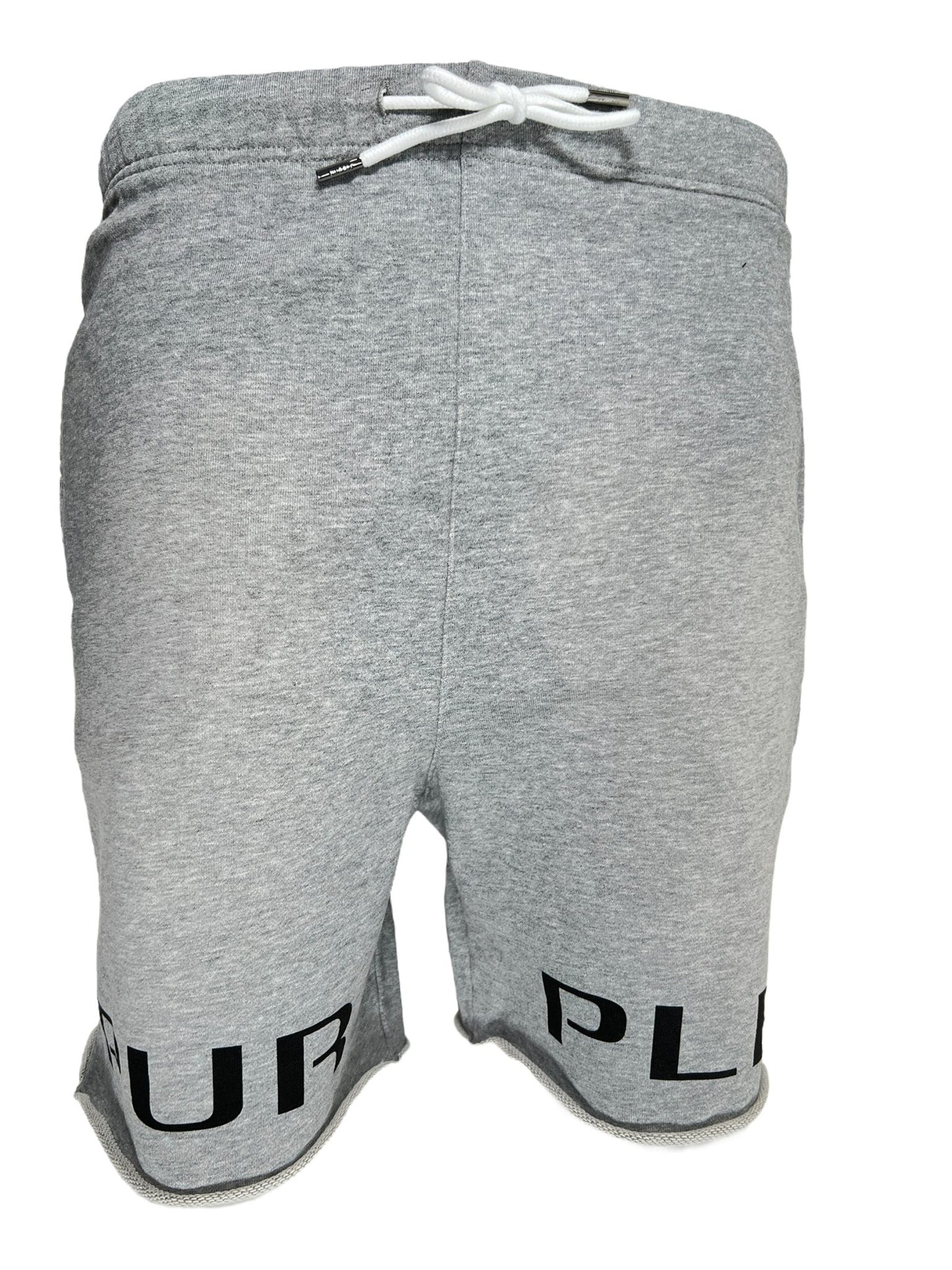 Gray sweat shorts with a drawstring waist and PURPLE BRAND elastic band at the hem, displayed on a white background.(Product Name: PURPLE BRAND P446-FWHG FRENCH TERRY SWEATSHORTS HEATHER)
Brand Name: PURPLE BRAND