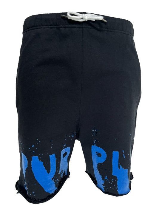 Black midweight sweatshorts with a blue paint splash design and the word "purpl" on one leg from PURPLE BRAND.