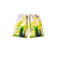 The PURPLE BRAND P504-PMFM325-All Round Shorts Yellow feature a yellow and green tie-dye design, black drawstring, regular fit, and "PURPLE" printed in colorful letters across the front.