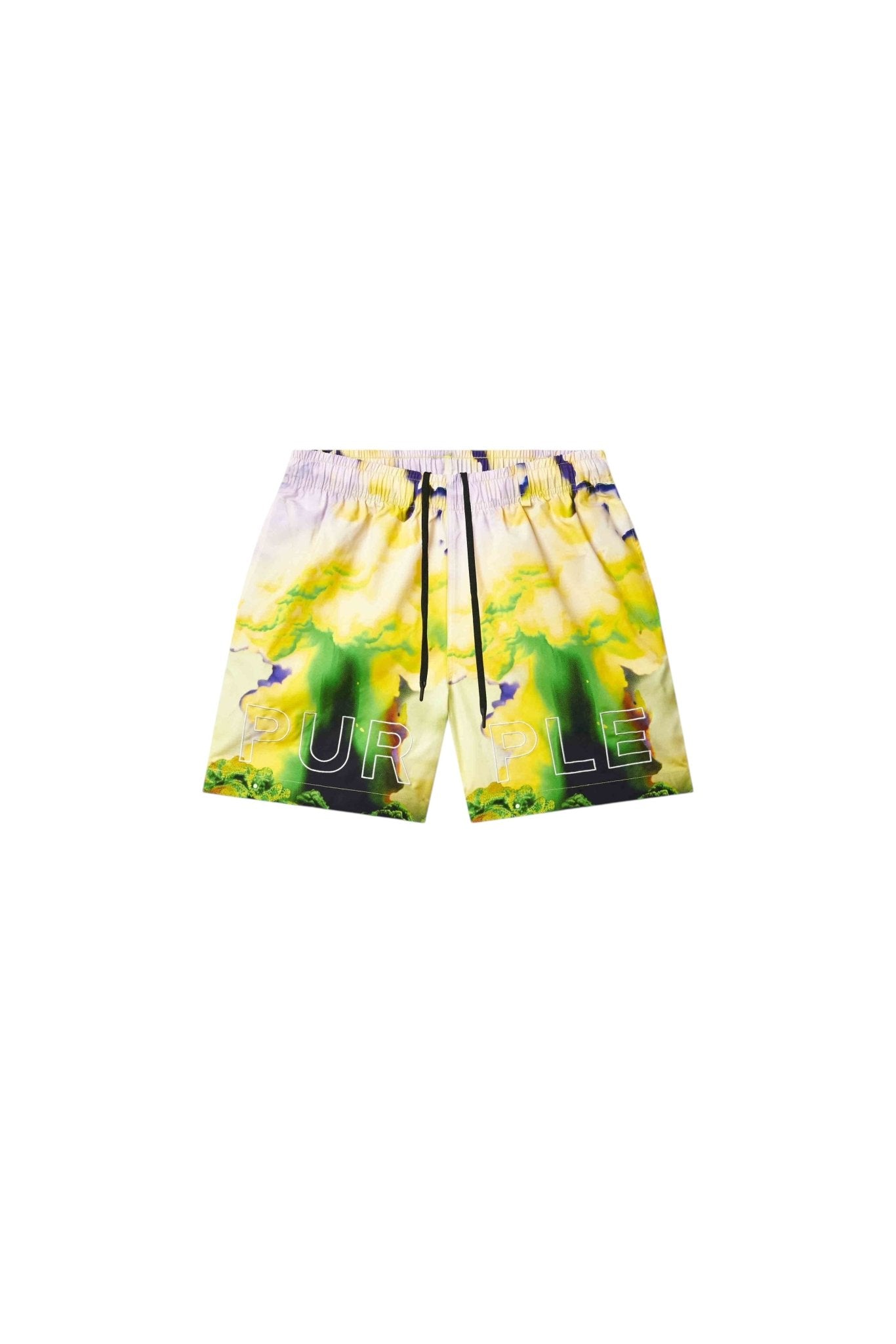 The PURPLE BRAND P504-PMFM325-All Round Shorts Yellow feature a yellow and green tie-dye design, black drawstring, regular fit, and "PURPLE" printed in colorful letters across the front.