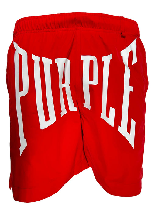 Red PURPLE BRAND P504-PRUC ALL ROUND shorts with the word "purple" printed in white capital letters on the side.