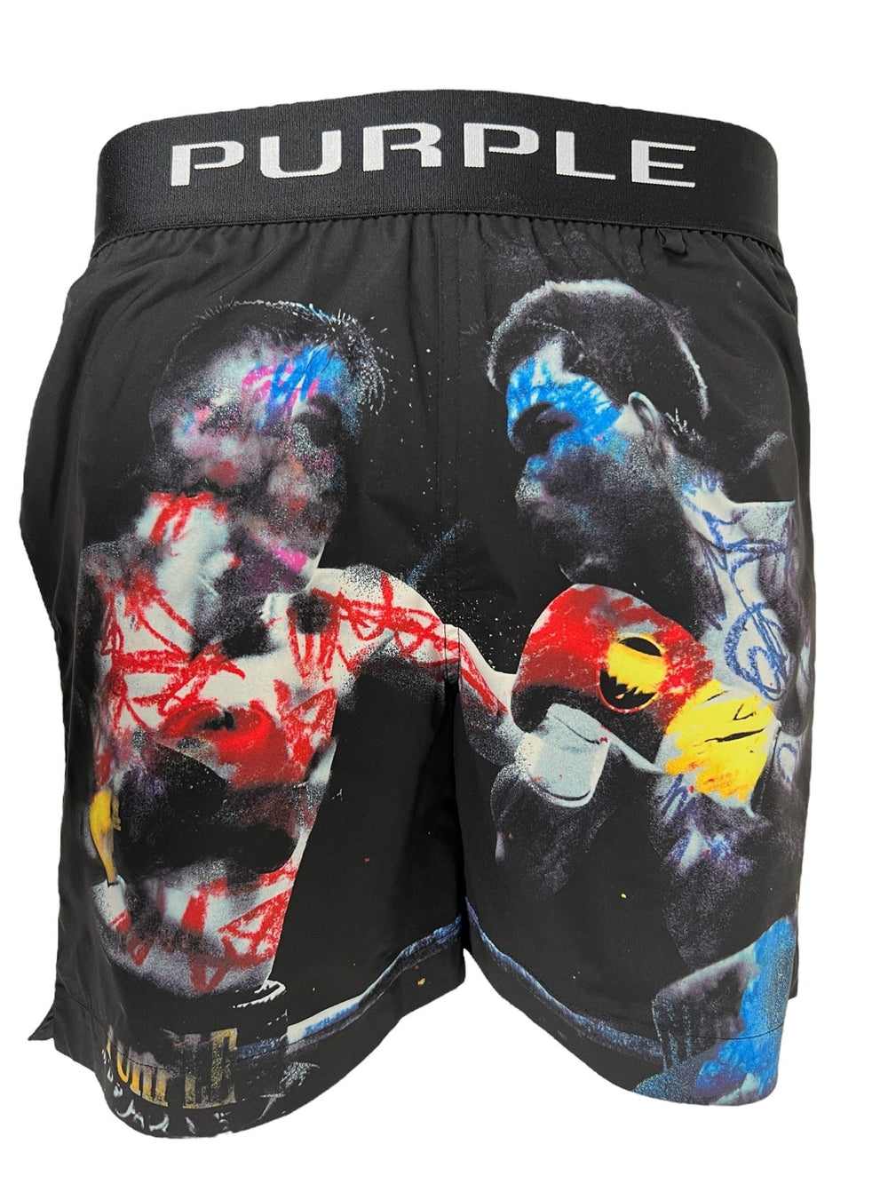 Purple Brand P548-PFBB Swim Shorts Black showcase a dynamic boxing graphic with two boxers in action, crafted from quick-drying swim fabric. The design is completed with a black waistband featuring the "PURPLE" label.