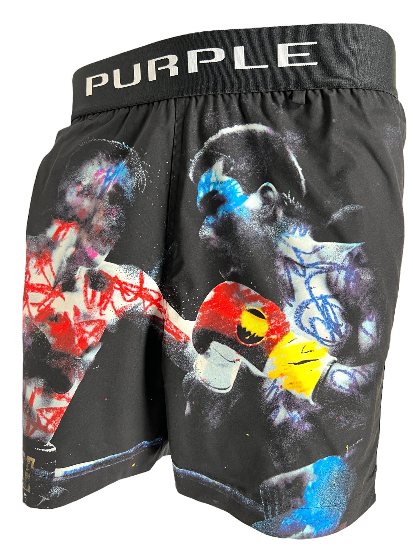 Indulge in supreme comfort with the Purple Brand P548-PFBB Swim Shorts Black. These stylish shorts feature an artistic boxing graphic of two fighters mid-fight, highlighted by vibrant colors and abstract detailing. The relaxed fit is enhanced by a black waistband adorned with "PURPLE" in white, crafted perfectly from quick-drying swim fabric.