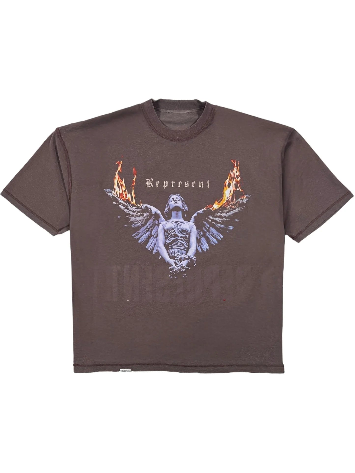 The REPRESENT MLM100176-17 Living Legacy T-shirt in Nero features a winged, shirtless graphic with flames and "Represent" above. Made from premium organic cotton for all-day comfort.