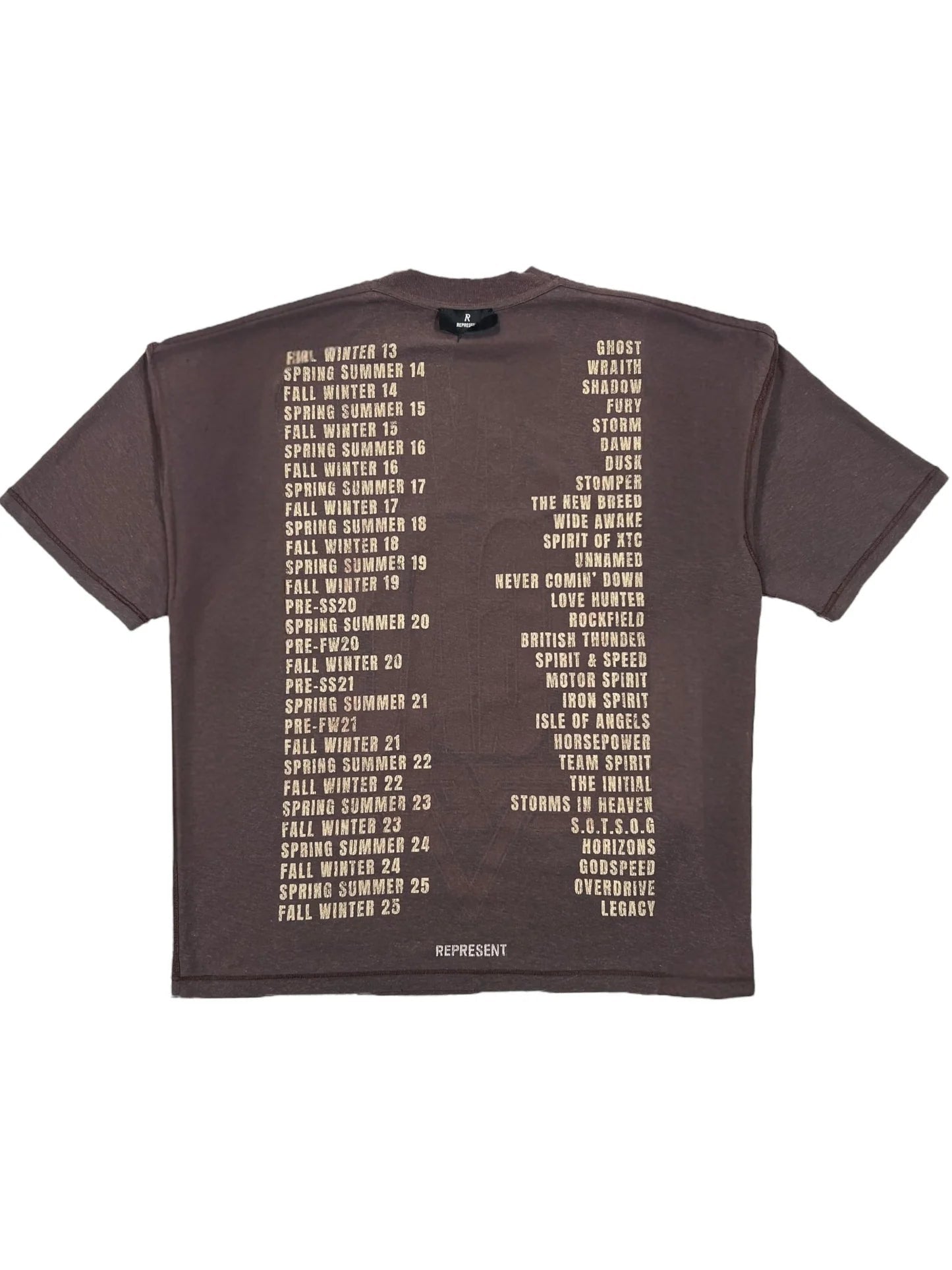 The REPRESENT MLM100176-17 Living Legacy T-shirt in Nero features beige text listing seasons and words on the back, finished with "REPRESENT" at the bottom. Made from soft organic cotton for all-day comfort.
