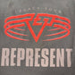 The REPRESENT MLM100176-17 Living Legacy T-shirt Nero features red and white graphics on organic cotton, with "LEGACY TOUR" above a bold red logo and "REPRESENT" at the bottom for standout style.