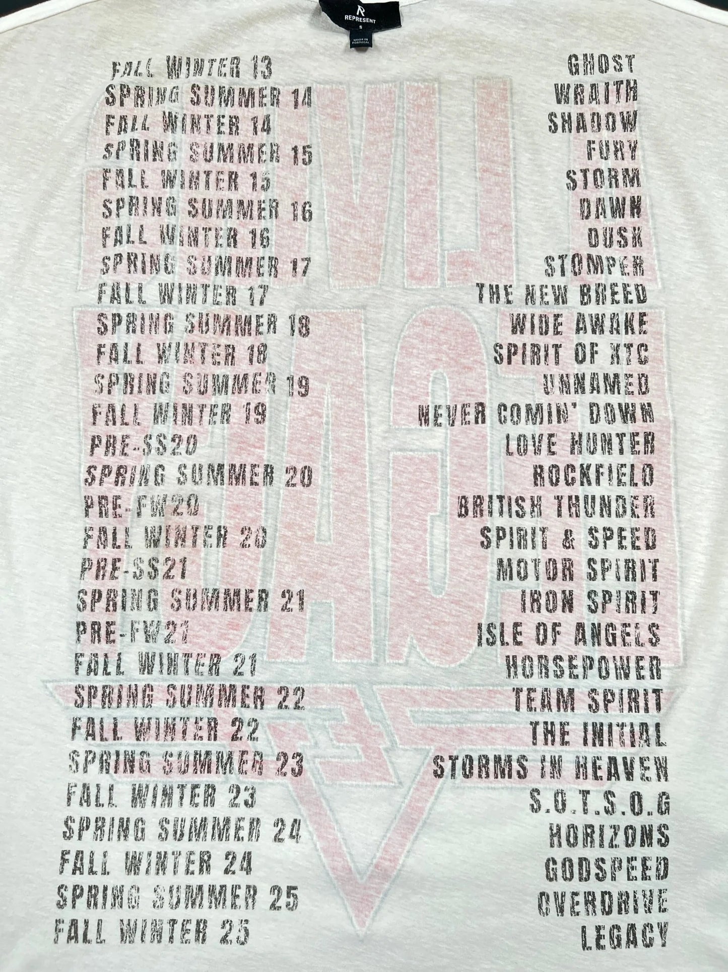 The REPRESENT MLM100176-30 Living Legacy T-shirt in Washed Ecru is made from organic cotton and displays bold black capital collection names beside their seasons and years along the left side.