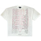 The REPRESENT MLM100176-30 Living Legacy T-shirt in Washed Ecru is crafted from organic cotton with short sleeves and features red and gray columned text on the front.