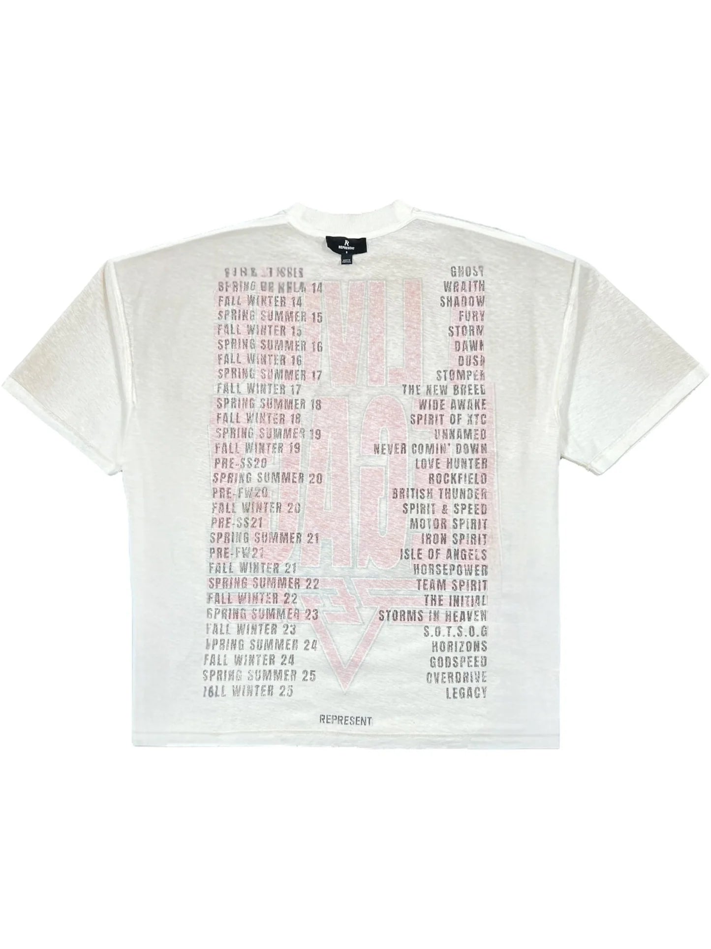 The REPRESENT MLM100176-30 Living Legacy T-shirt in Washed Ecru is crafted from organic cotton with short sleeves and features red and gray columned text on the front.