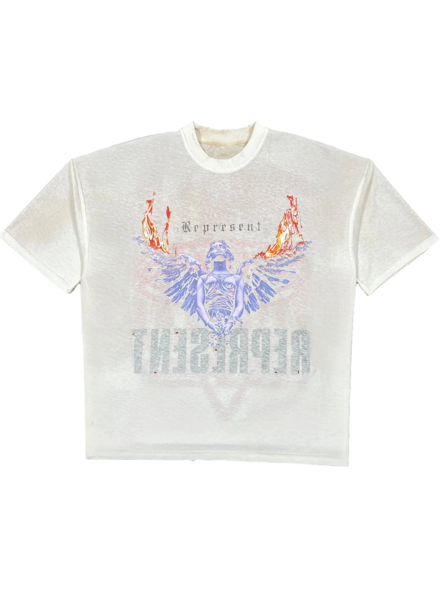The REPRESENT MLM100176-30 Living Legacy T-shirt in Washed Ecru is an organic cotton short-sleeve tee featuring a winged figure graphic with flames and text, including a large reversed "REPENT" at the bottom.