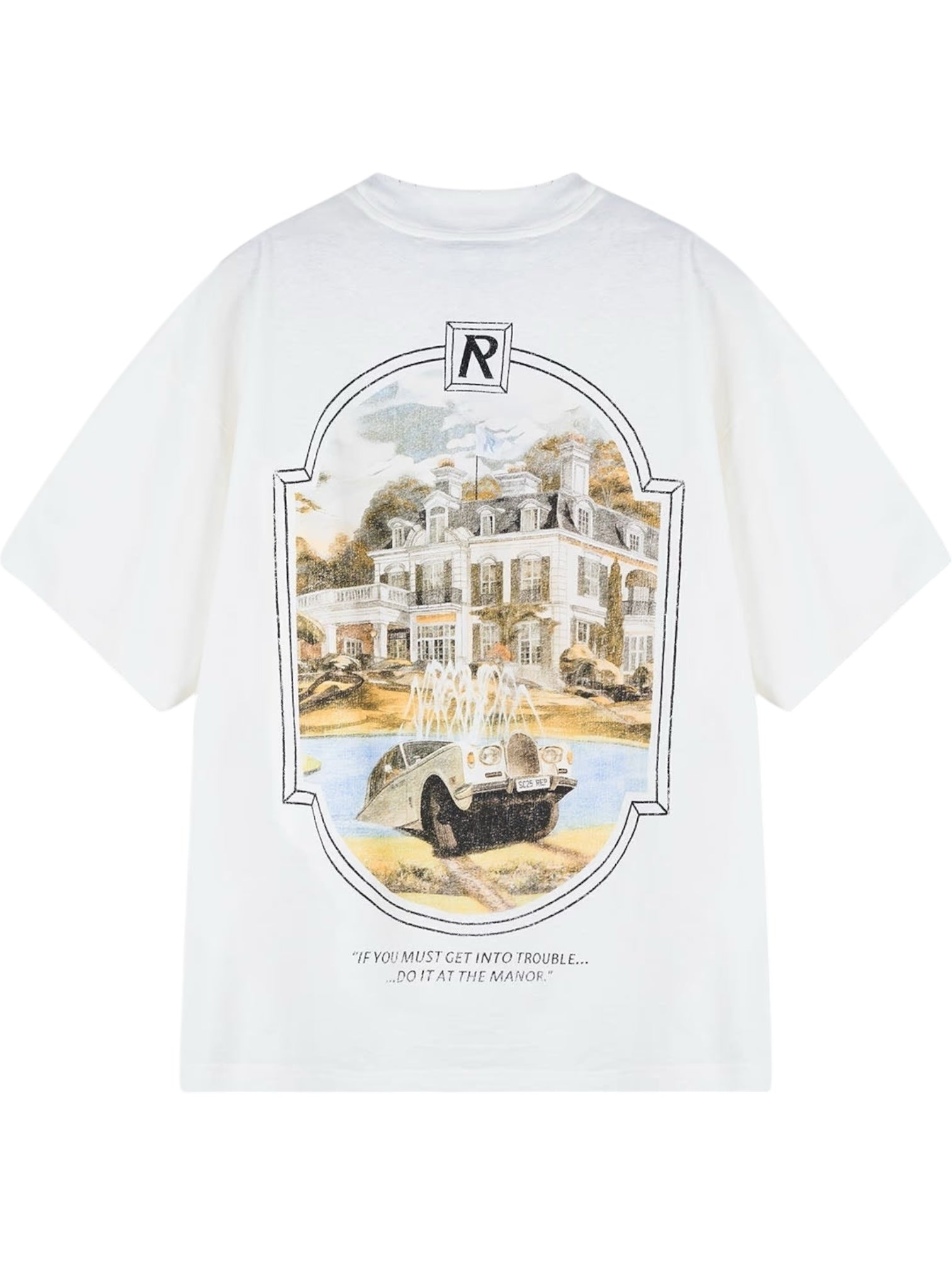 The REPRESENT MLM100286-27 Revere Manor T-Shirt in Aged White features an oversized fit with a vintage hand feel. It showcases a mansion and classic car illustration, ornate border, and the text: "If you must get into trouble...do it at the manor.