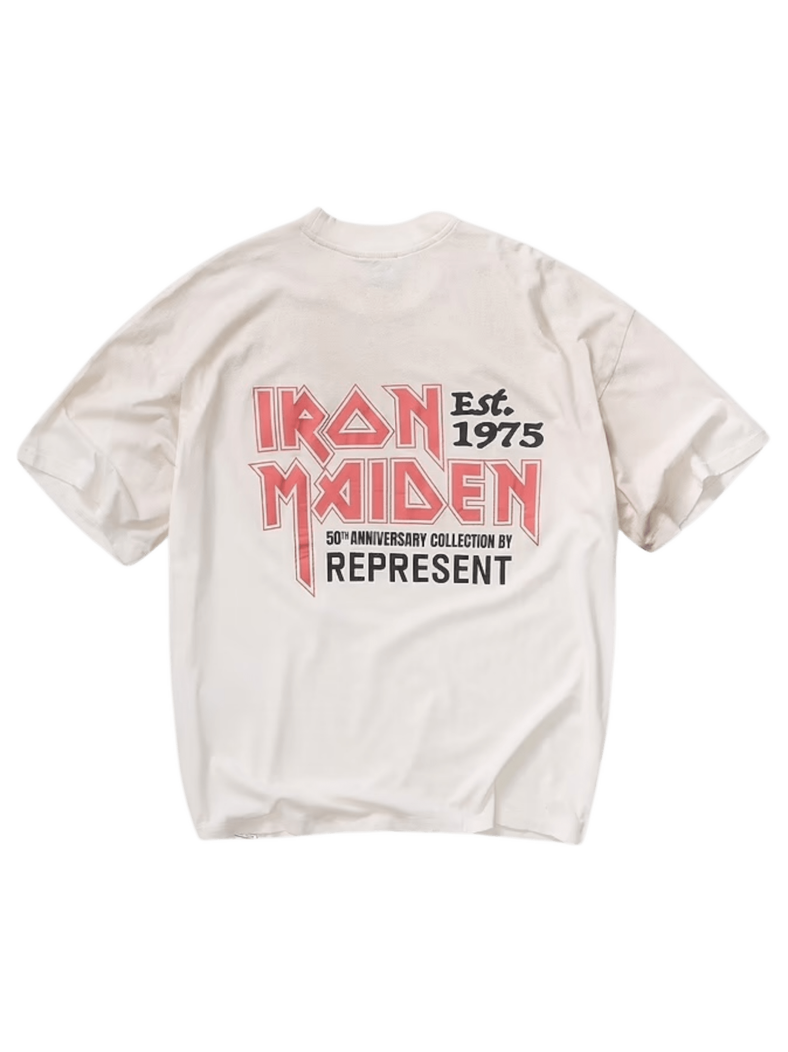 The REPRESENT MLM100579-26 Iron Maiden Anniversary T-shirt in washed ecru features bold "Iron Maiden Est. 1975" and "50th Anniversary Collection by Represent" prints on the back, capturing classic vintage rock style in an oversized fit.