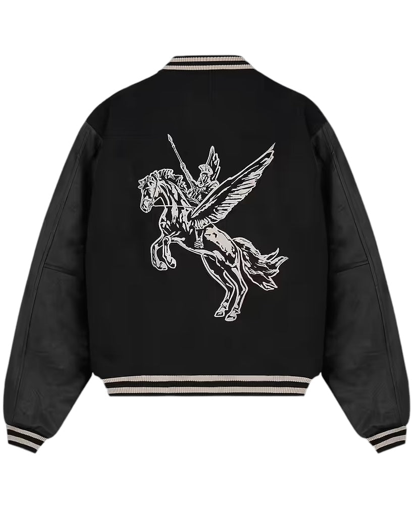 The Represent MLM1127 Bellerophon Wool Varsity Jacket by REPRESENT is black with leather sleeves, an embroidered winged horse and spear-holding rider mascot on the back, and sleek RiRi zippers.