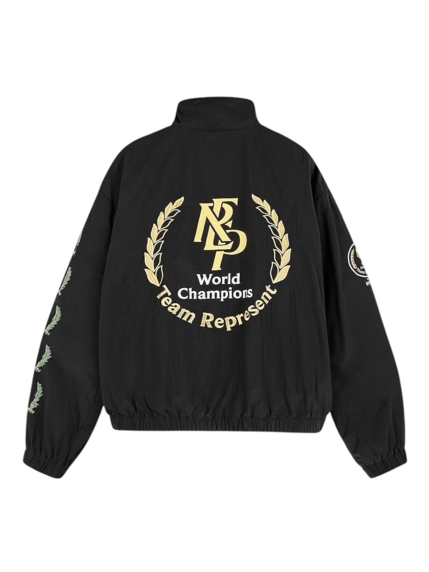 The Represent MLM1795 World Championship Jacket in black displays gold laurels and "World Champions Team Represent" text, with a large stylized logo on the back, embodying victory and the brand REPRESENT's champion-worthy style.