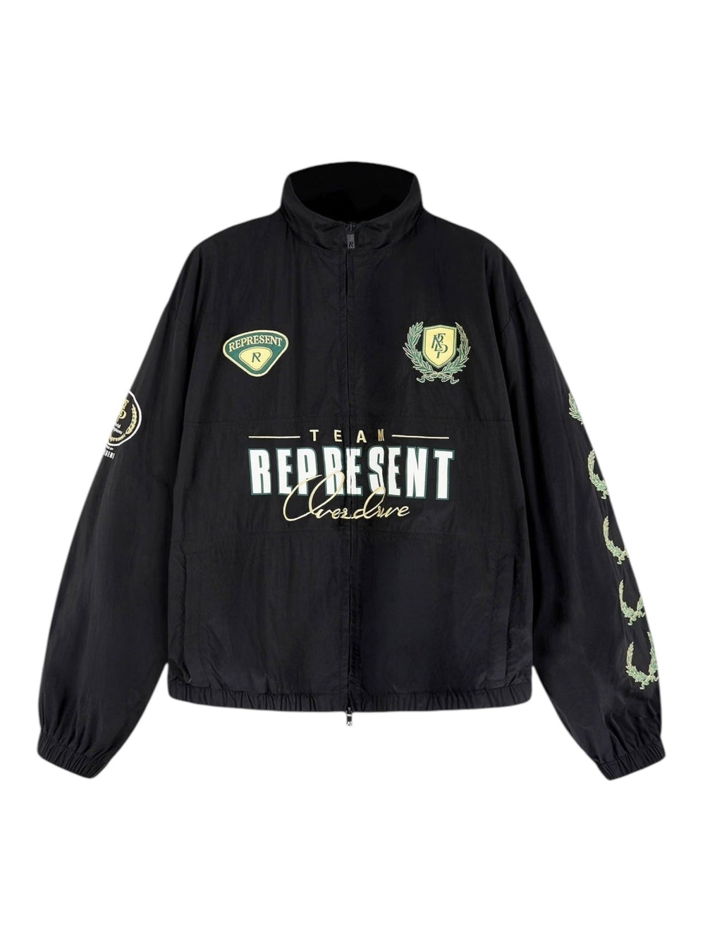 The Represent MLM1795 World Championship Jacket in Black by REPRESENT is adorned with "Team Represent" and "Cherubini," featuring logos and patches on the front and sleeves, capturing a spirit of distinction and style.