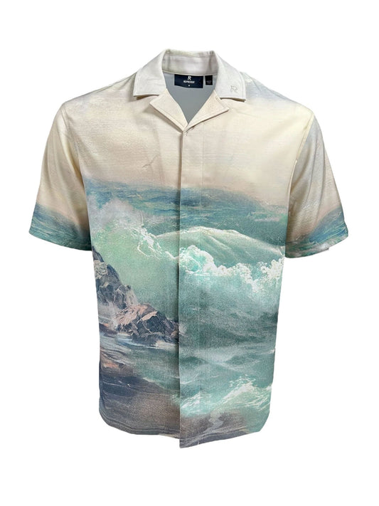 Short-sleeve button-up REPRESENT MLM206-137 HIGHER TRUTH PRINTED SHIRT MULT with a luxury boxy fit, showcasing a full print artwork of ocean waves and rocks in a light beige and green color palette.