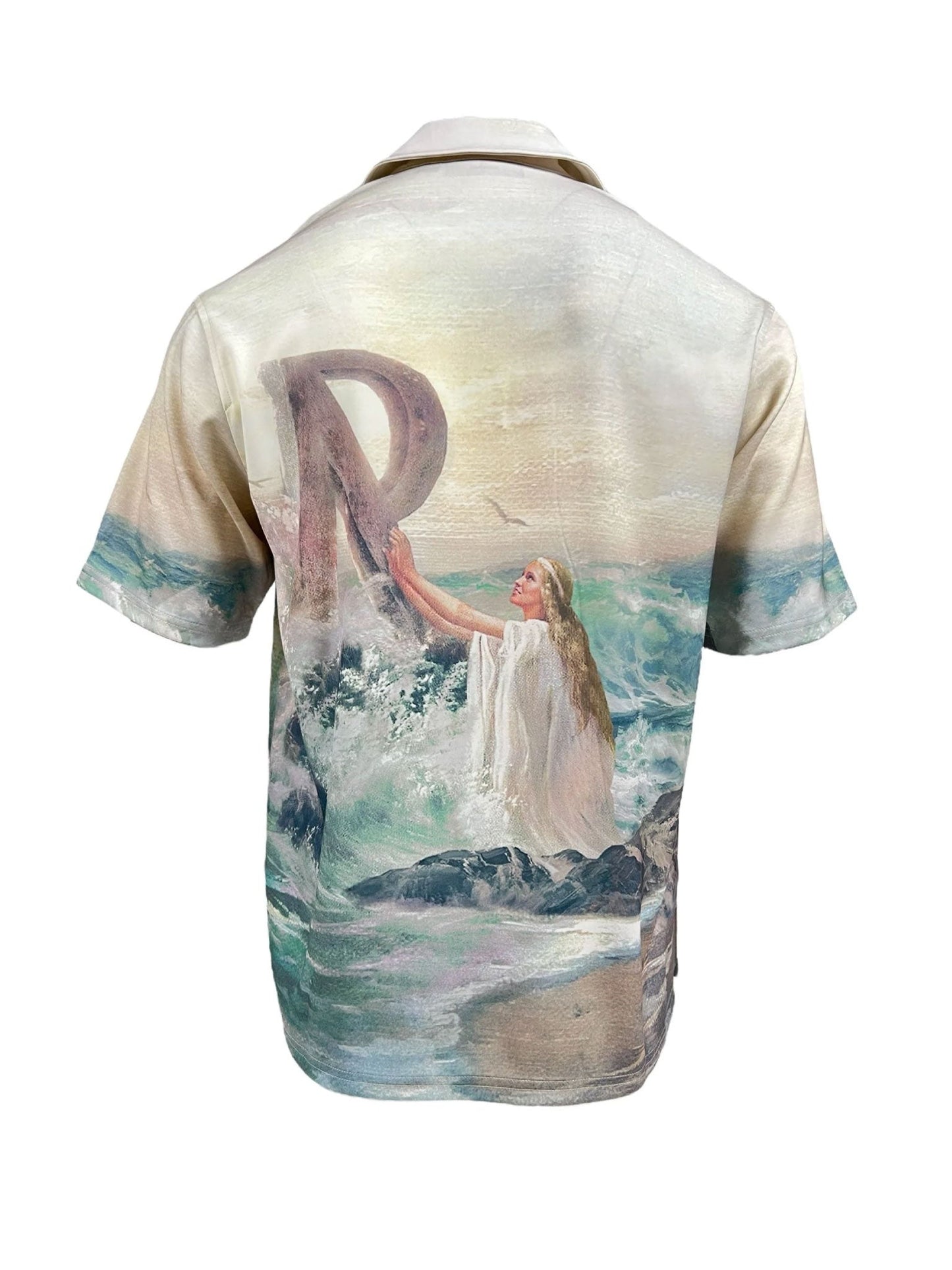 Introducing the REPRESENT MLM206-137 HIGHER TRUTH PRINTED SHIRT MULT: a boxy fit masterpiece showcasing full print artwork of a woman in a white dress, holding onto a large letter "R" while standing among waves on rocks.