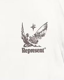 A design depicting an eagle with outstretched wings and a star above it, accompanied by the text "Represent" on a white background. This striking imagery is featured on our REPRESENT REPRESENT MLM410-72 SPIRITS OF SUMMER T-SHIRT WHI, perfect for making a bold statement.