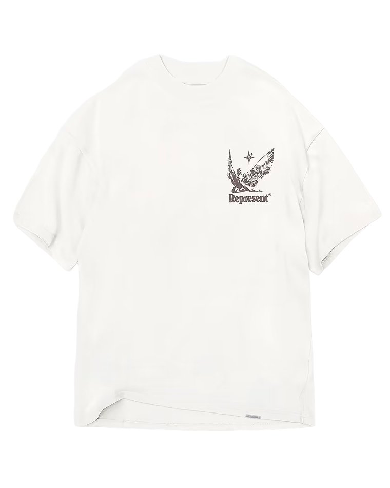 White REPRESENT REPRESENT MLM410-72 SPIRITS OF SUMMER T-SHIRT WHI with a small graphic of an eagle and text reading "Represent" on the left chest area.