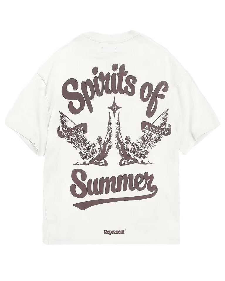 The REPRESENT MLM410-72 SPIRITS OF SUMMER T-SHIRT WHI with "for over a decade" text in brown, featuring an illustration of two birds and "Represent" at the bottom. Crafted from luxury cotton for an oversized fit.